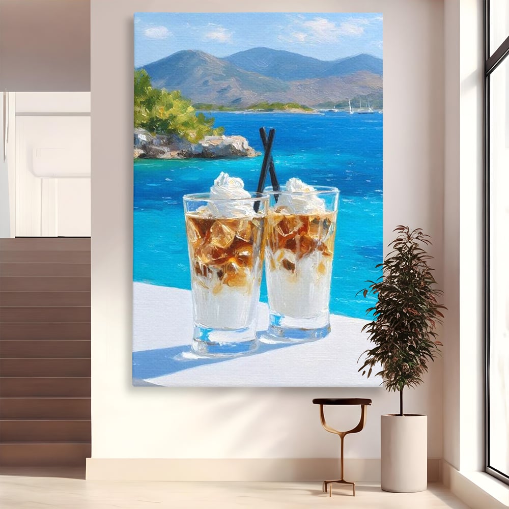 Tablou canvas cu pictura cu doua pahare de frappe pe malul marii, fara rama, pe sasiu de lemn